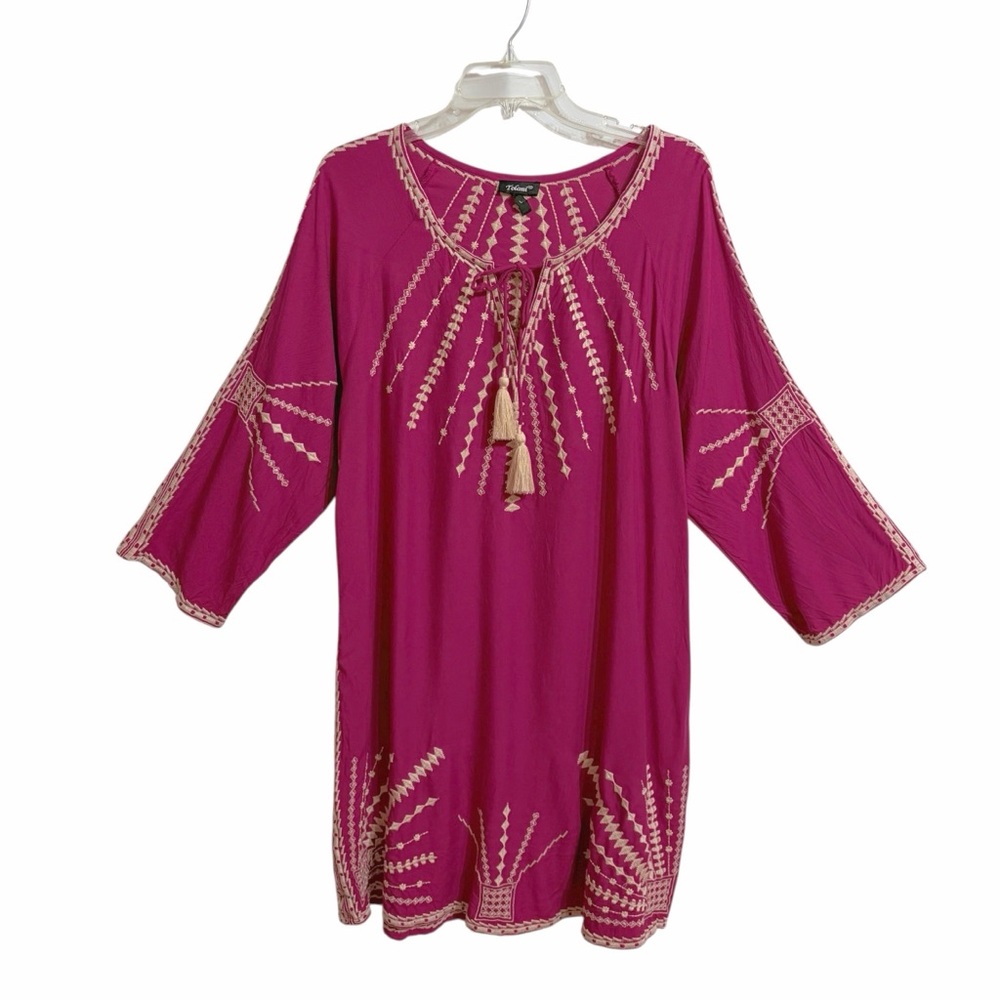 Tolani Kezia Embroidered Peasant Dress Womens L Tassels Boho Festival Resortwear
